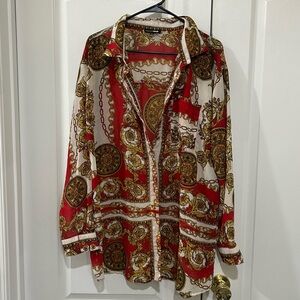 Fashion Nova Red and Gold Patterned Shirt